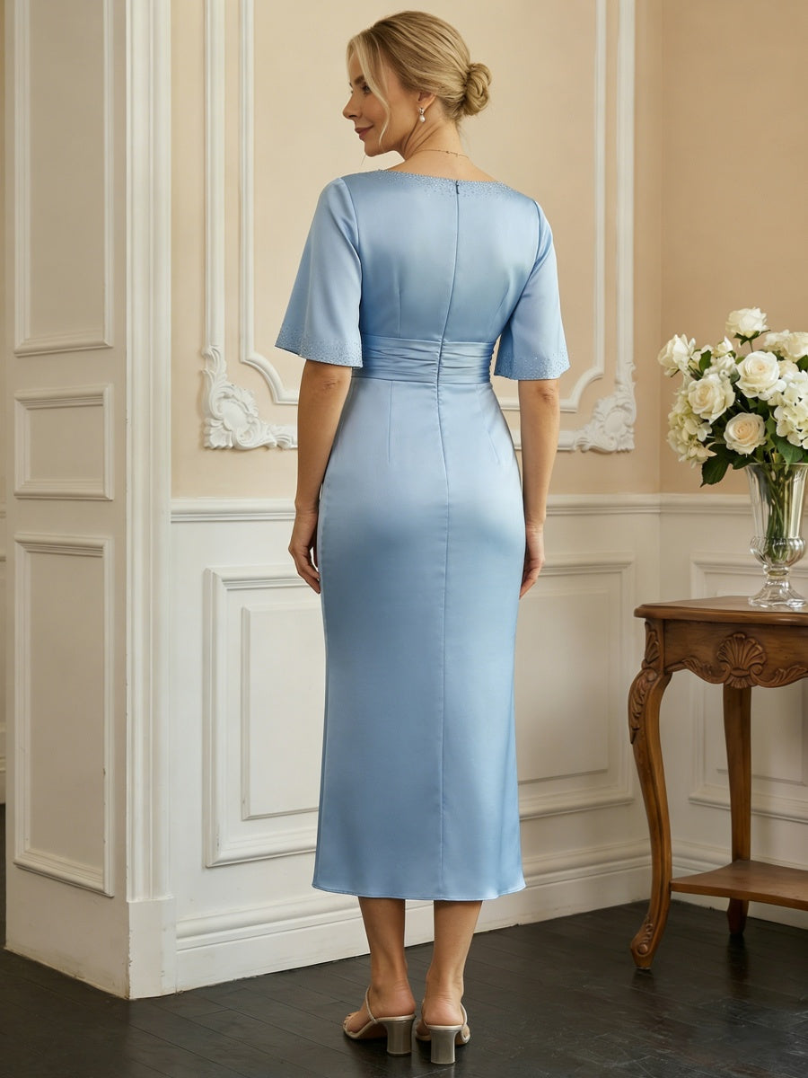 Sheath Short Sleeve V-Neck Ruched Midi Satin Mother of the Bride Dresses