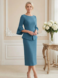 3/4 Sleeve Round Neck Sheath Midi Satin Mother of the Bride Dresses Formal Dress