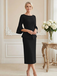 3/4 Sleeve Round Neck Sheath Midi Satin Mother of the Bride Dresses Formal Dress