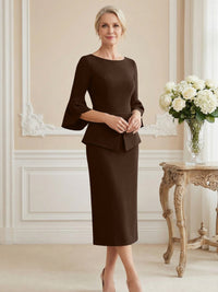 3/4 Sleeve Round Neck Sheath Midi Satin Mother of the Bride Dresses Formal Dress