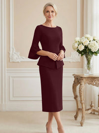 3/4 Sleeve Round Neck Sheath Midi Satin Mother of the Bride Dresses Formal Dress