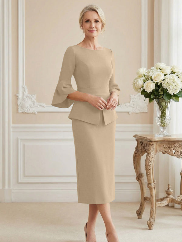 3/4 Sleeve Round Neck Sheath Midi Satin Mother of the Bride Dresses Formal Dress