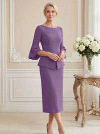 3/4 Sleeve Round Neck Sheath Midi Satin Mother of the Bride Dresses Formal Dress