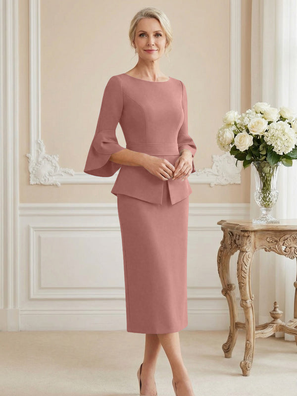 3/4 Sleeve Round Neck Sheath Midi Satin Mother of the Bride Dresses Formal Dress