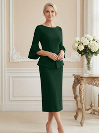 3/4 Sleeve Round Neck Sheath Midi Satin Mother of the Bride Dresses Formal Dress