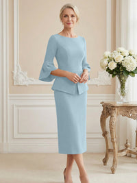 3/4 Sleeve Round Neck Sheath Midi Satin Mother of the Bride Dresses Formal Dress