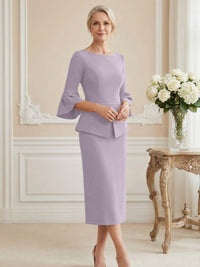 3/4 Sleeve Round Neck Sheath Midi Satin Mother of the Bride Dresses Formal Dress