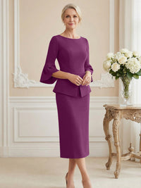 3/4 Sleeve Round Neck Sheath Midi Satin Mother of the Bride Dresses Formal Dress