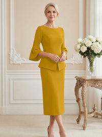 3/4 Sleeve Round Neck Sheath Midi Satin Mother of the Bride Dresses Formal Dress