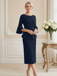 3/4 Sleeve Round Neck Sheath Midi Satin Mother of the Bride Dresses Formal Dress