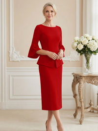 3/4 Sleeve Round Neck Sheath Midi Satin Mother of the Bride Dresses Formal Dress