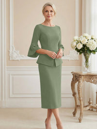 3/4 Sleeve Round Neck Sheath Midi Satin Mother of the Bride Dresses Formal Dress