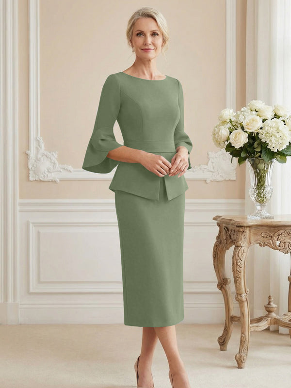 3/4 Sleeve Round Neck Sheath Midi Satin Mother of the Bride Dresses Formal Dress