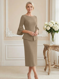 3/4 Sleeve Round Neck Sheath Midi Satin Mother of the Bride Dresses Formal Dress
