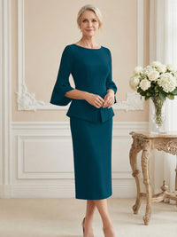 3/4 Sleeve Round Neck Sheath Midi Satin Mother of the Bride Dresses Formal Dress