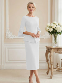 3/4 Sleeve Round Neck Sheath Midi Satin Mother of the Bride Dresses Formal Dress