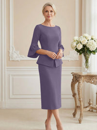 3/4 Sleeve Round Neck Sheath Midi Satin Mother of the Bride Dresses Formal Dress