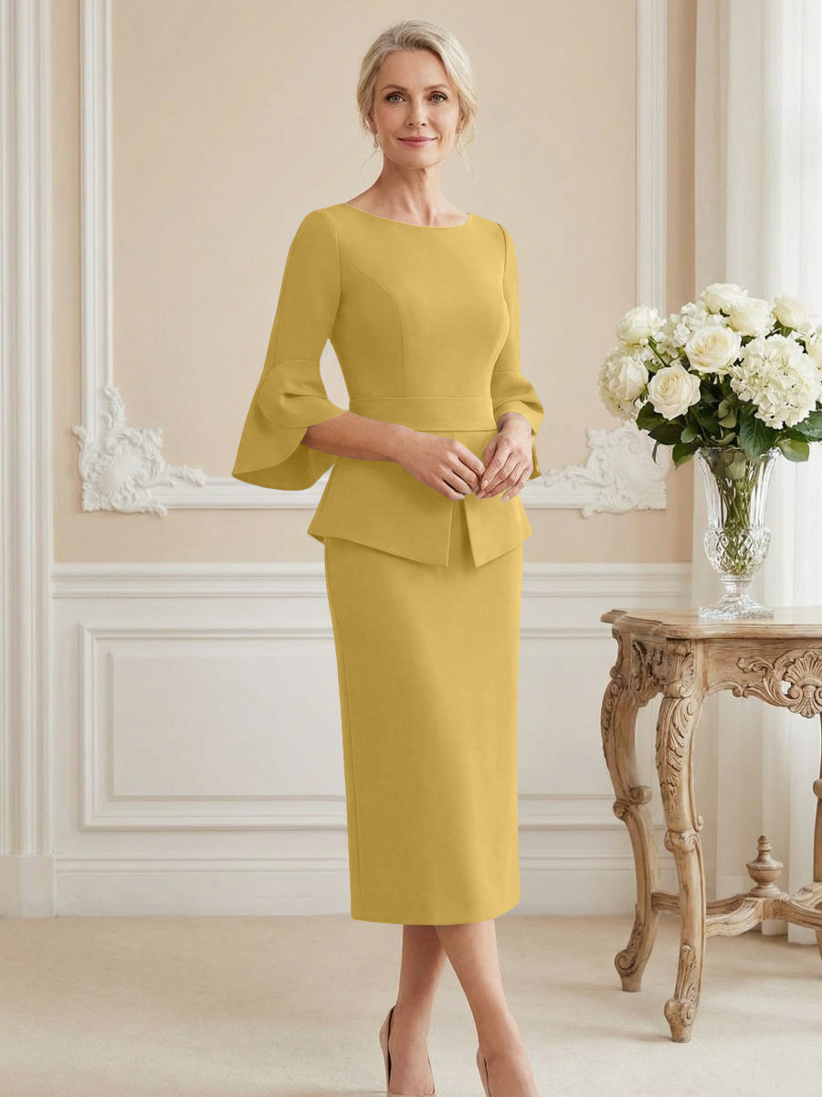 3/4 Sleeve Round Neck Sheath Midi Satin Mother of the Bride Dresses Formal Dress