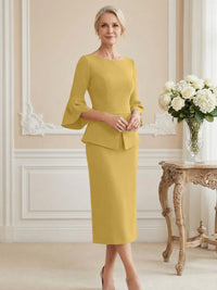 3/4 Sleeve Round Neck Sheath Midi Satin Mother of the Bride Dresses Formal Dress
