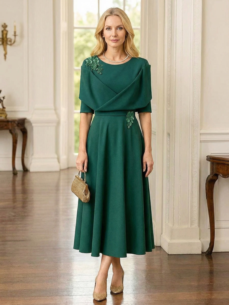 Half Sleeve Round Neck A-Line Midi Satin Mother of the Bride Dresses with Lace Applique