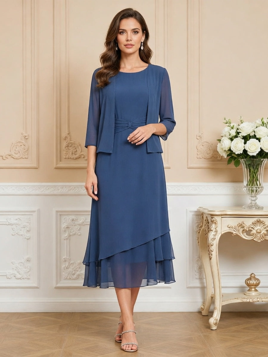 3/4 Sleeve Round Neck A-Line Midi Chiffon Mother of the Bride Dresses with Jacket