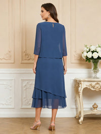 3/4 Sleeve Round Neck A-Line Midi Chiffon Mother of the Bride Dresses with Jacket