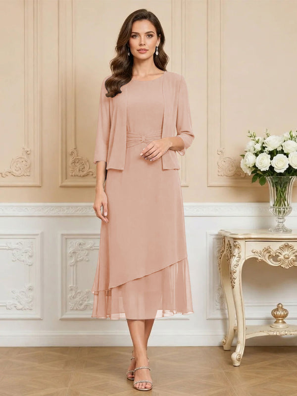 3/4 Sleeve Round Neck A-Line Midi Chiffon Mother of the Bride Dresses with Jacket