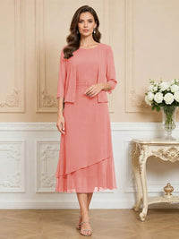 3/4 Sleeve Round Neck A-Line Midi Chiffon Mother of the Bride Dresses with Jacket