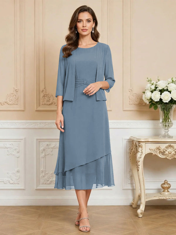 3/4 Sleeve Round Neck A-Line Midi Chiffon Mother of the Bride Dresses with Jacket