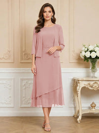 3/4 Sleeve Round Neck A-Line Midi Chiffon Mother of the Bride Dresses with Jacket