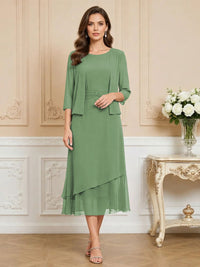 3/4 Sleeve Round Neck A-Line Midi Chiffon Mother of the Bride Dresses with Jacket