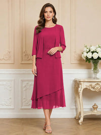 3/4 Sleeve Round Neck A-Line Midi Chiffon Mother of the Bride Dresses with Jacket
