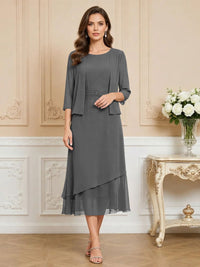 3/4 Sleeve Round Neck A-Line Midi Chiffon Mother of the Bride Dresses with Jacket