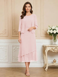 3/4 Sleeve Round Neck A-Line Midi Chiffon Mother of the Bride Dresses with Jacket