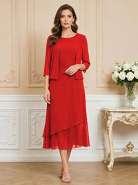 3/4 Sleeve Round Neck A-Line Midi Chiffon Mother of the Bride Dresses with Jacket