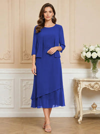 3/4 Sleeve Round Neck A-Line Midi Chiffon Mother of the Bride Dresses with Jacket