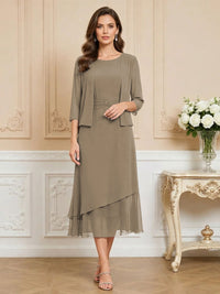 3/4 Sleeve Round Neck A-Line Midi Chiffon Mother of the Bride Dresses with Jacket