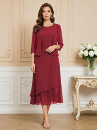 3/4 Sleeve Round Neck A-Line Midi Chiffon Mother of the Bride Dresses with Jacket