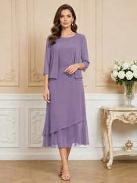 3/4 Sleeve Round Neck A-Line Midi Chiffon Mother of the Bride Dresses with Jacket