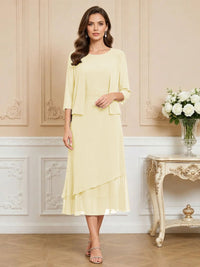 3/4 Sleeve Round Neck A-Line Midi Chiffon Mother of the Bride Dresses with Jacket