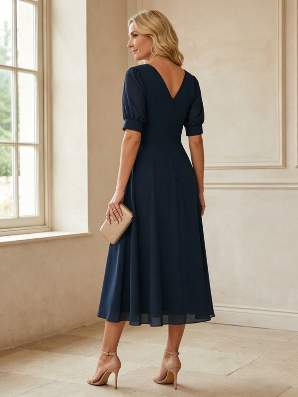V-Neck A-Line Midi Chiffon Mother of the Bride Dresses with Short Sleeve