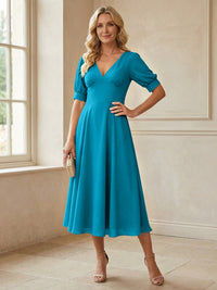 V-Neck A-Line Midi Chiffon Mother of the Bride Dresses with Short Sleeve