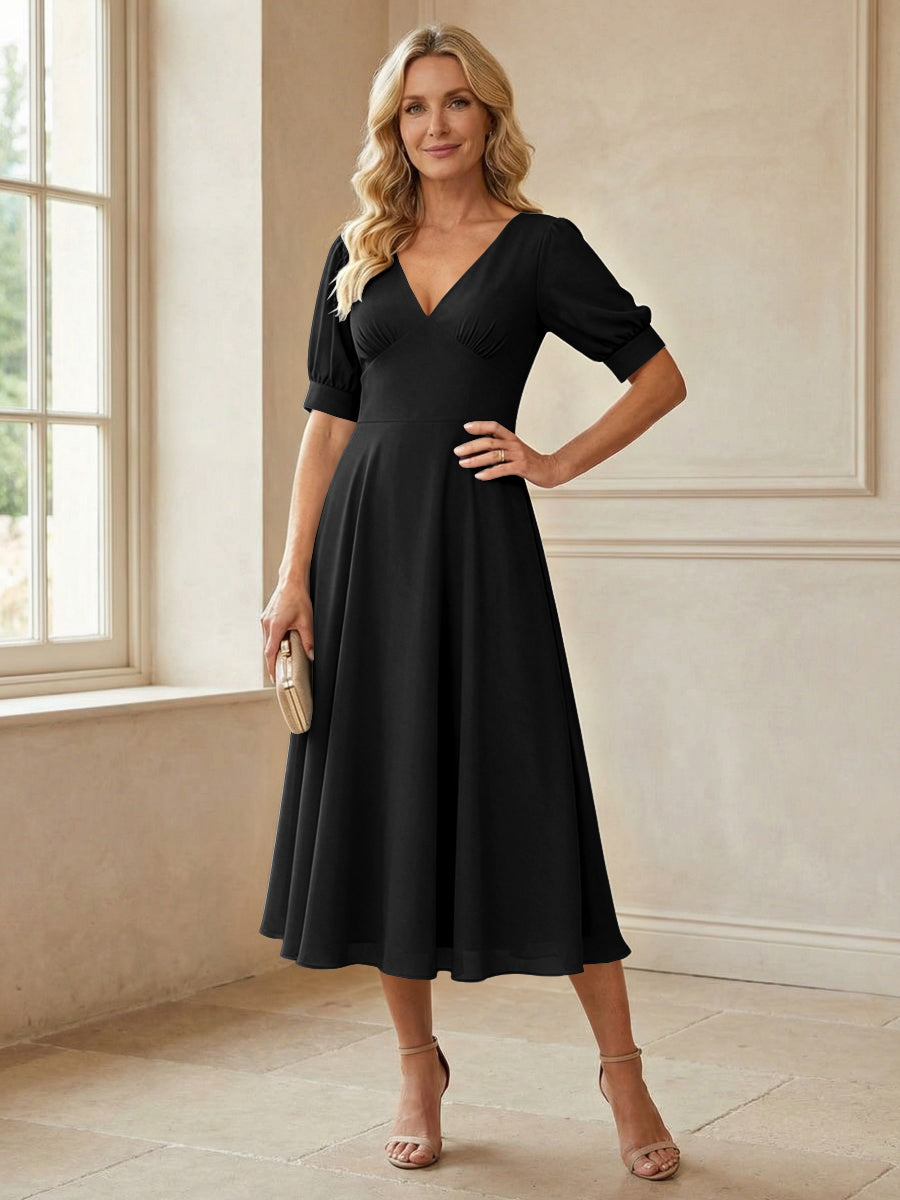 V-Neck A-Line Midi Chiffon Mother of the Bride Dresses with Short Sleeve