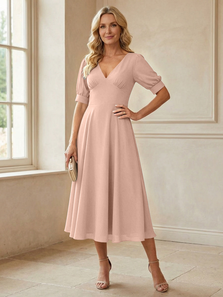 V-Neck A-Line Midi Chiffon Mother of the Bride Dresses with Short Sleeve