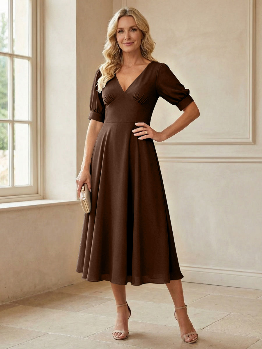 V-Neck A-Line Midi Chiffon Mother of the Bride Dresses with Short Sleeve