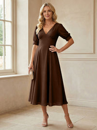 V-Neck A-Line Midi Chiffon Mother of the Bride Dresses with Short Sleeve