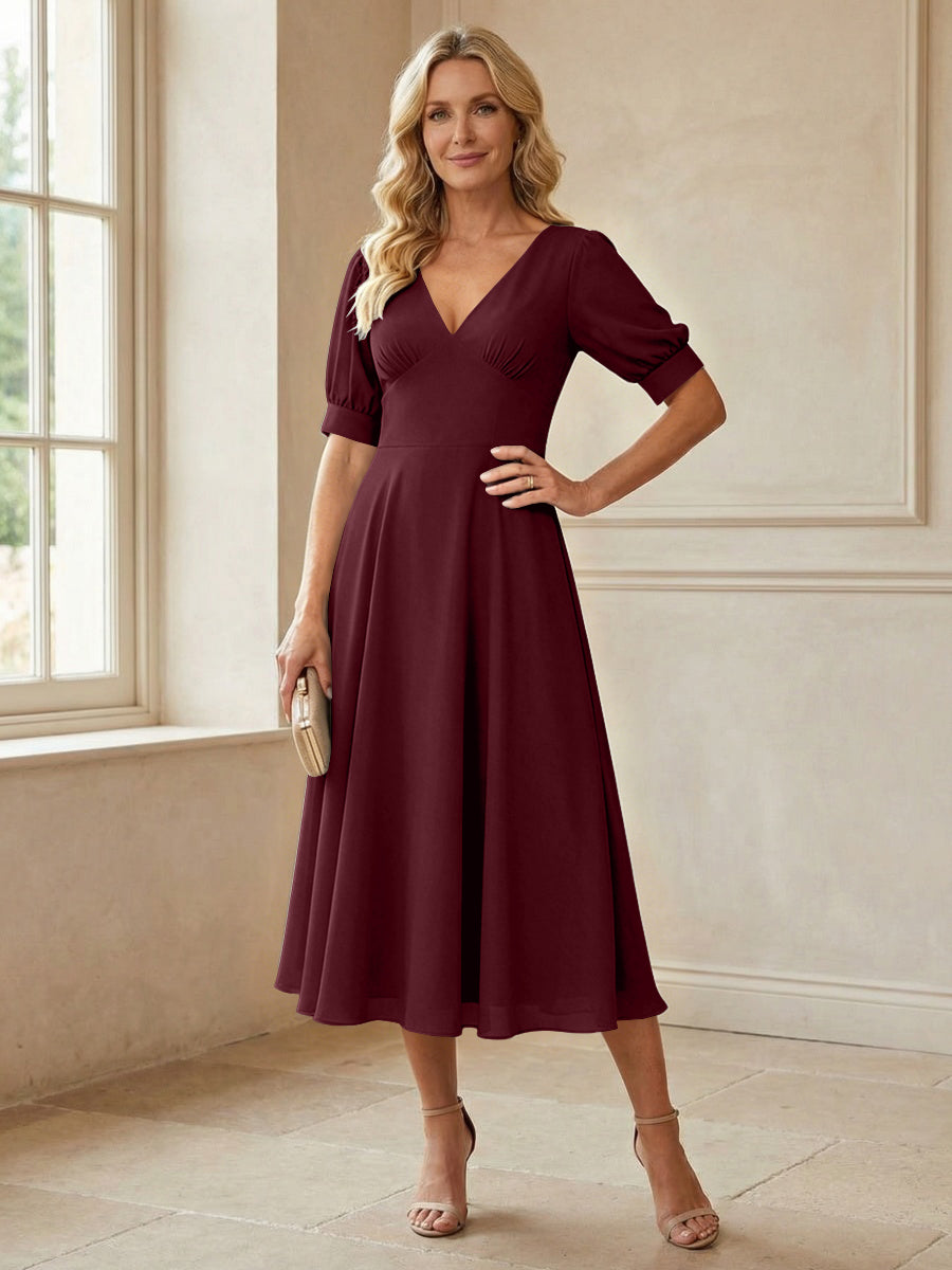 V-Neck A-Line Midi Chiffon Mother of the Bride Dresses with Short Sleeve