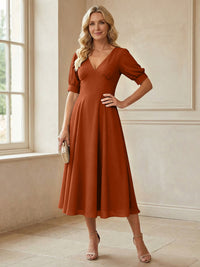 V-Neck A-Line Midi Chiffon Mother of the Bride Dresses with Short Sleeve