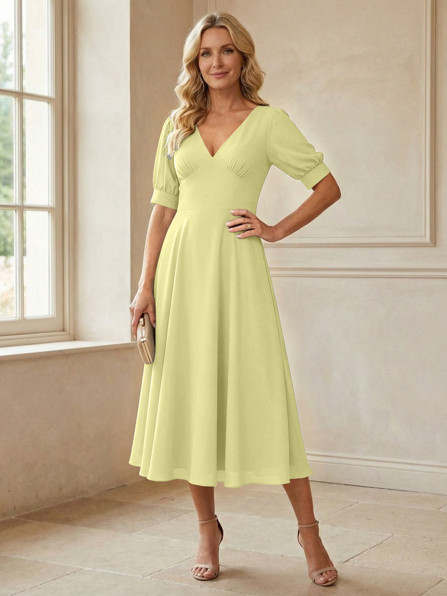 V-Neck A-Line Midi Chiffon Mother of the Bride Dresses with Short Sleeve