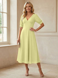 V-Neck A-Line Midi Chiffon Mother of the Bride Dresses with Short Sleeve